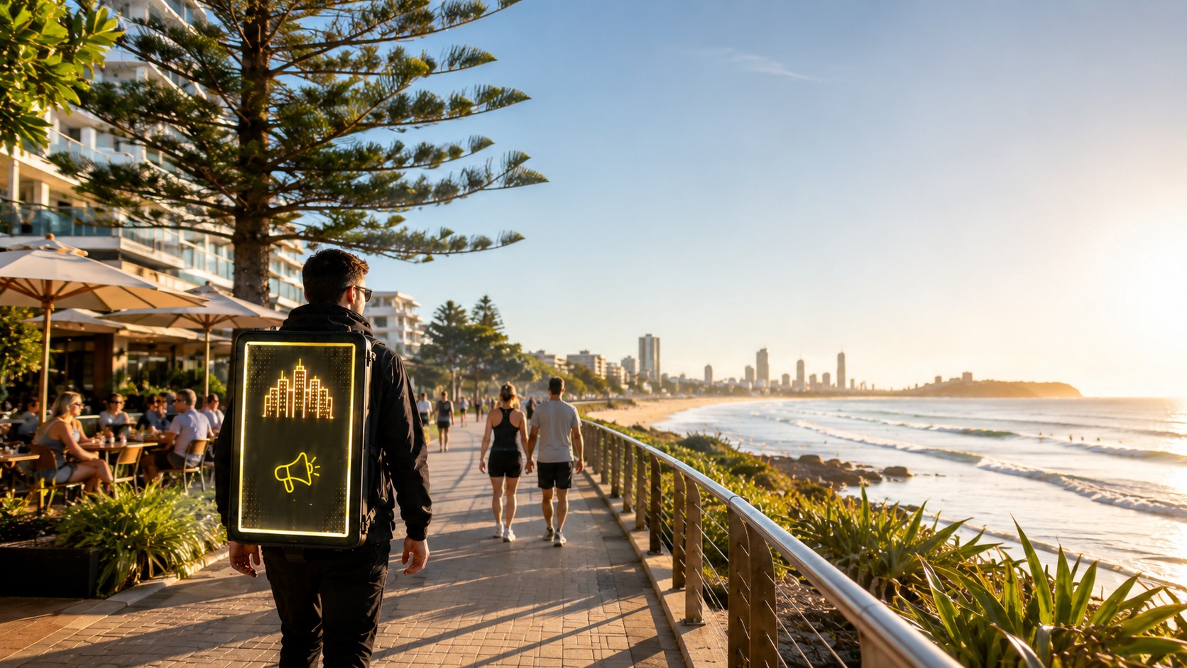 Walking billboard advertising in Burleigh Heads coastal lifestyle area