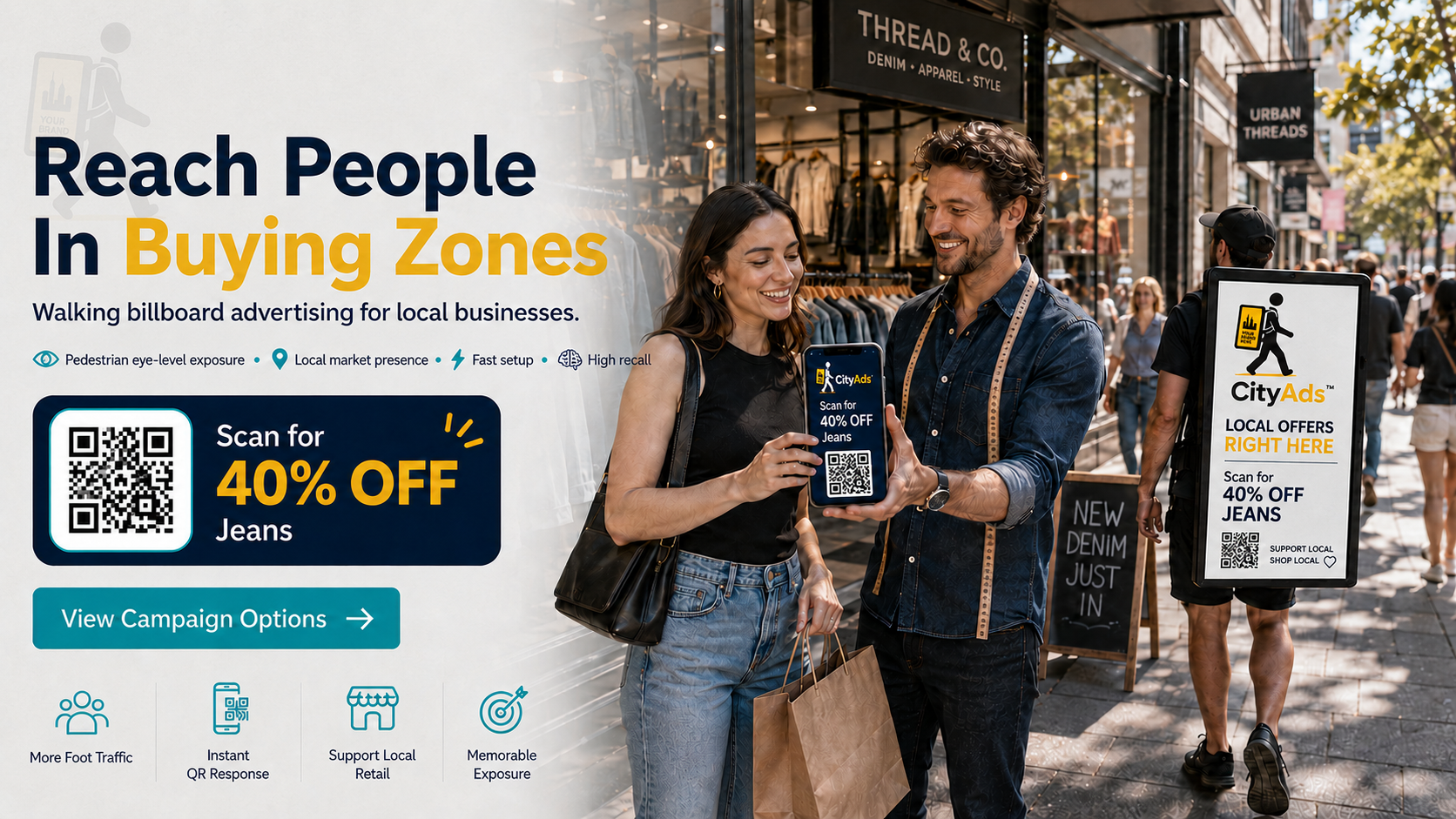 CityAds walking billboard advertising helping local businesses reach more buyers in Brisbane City shopping precincts