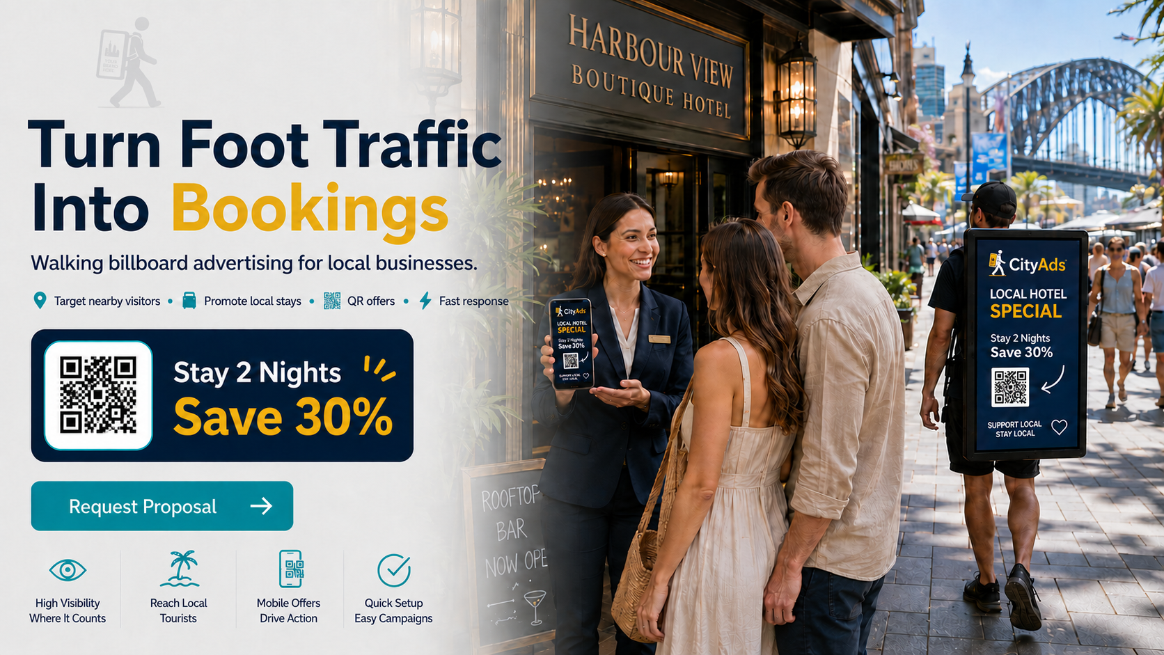 CityAds hotel and local business walking billboard promotion turning nearby pedestrian traffic into bookings through QR offers