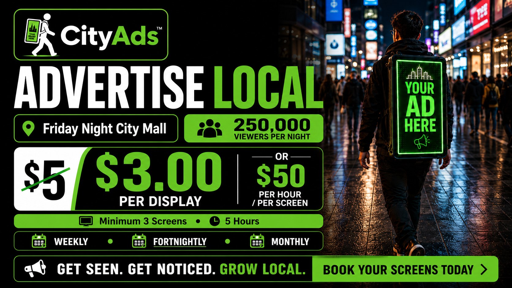 CityAds green walking billboard advertising banner with $3.00 per display pricing