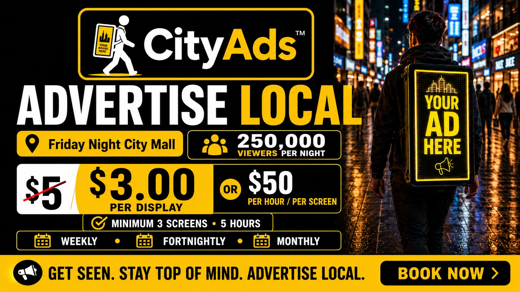 CityAds yellow walking billboard advertising banner showing $3.00 per display and $50 per hour per screen