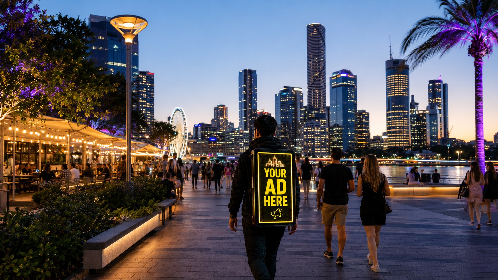 CityAds walking billboard advertising around South Bank Brisbane promenade