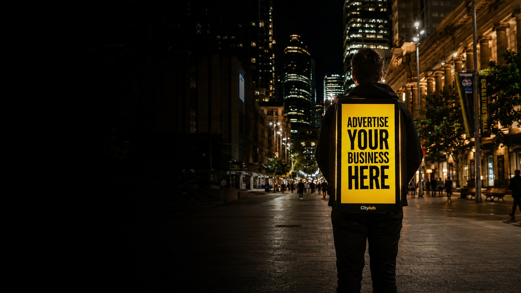 CityAds walking billboard operator advertising in Brisbane night city mall